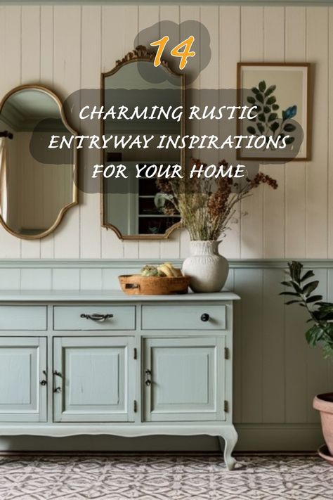 As I walk into my entryway, I'm surrounded by a perfect blend of rustic charm and modern elegance. This serene space, with its soft blue cabinetry and inviting decor, sets the tone for my home. From the beautiful mirrors reflecting natural light to the simple yet stylish plants and decorative elements, it's a welcoming sight that inspires me every day. I love how the earthy tones and textures create a warm atmosphere, making this entryway a true reflection of my personal style. Colonial Entryway Foyers, Dresser In Entryway, Moody Entryway Ideas, Colonial Entryway, Moody Entryway, Rustic Entryway Ideas, Hollywood Regency Bedroom, Cottage Entryway, Blue Cabinetry