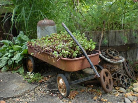 Ideas Para Decorar Jardines, Wagon Planter, Plants And Gardening, Rusty Garden, Garden Wagon, Flea Market Gardening, Vintage Gardening, Garden Junk, Vintage Garden Decor