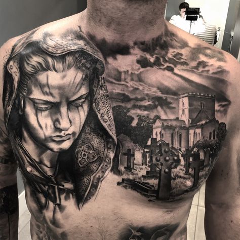 Mary, statue, graveyard chest tattoo Dark Chest Tattoo, Chest Piece Tattoo Men Design, Twisted Tattoos, Graveyard Tattoo, Black People Tattoos, Alice And Wonderland Tattoos, Chest Tattoo Ideas, Horror Movie Tattoos, Chest Hair