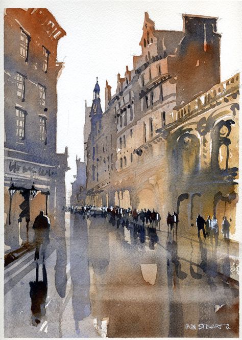 Iain Stewart Watercolors Iain Stewart, Thomas Schaller, Watercolor City, Watercolor Architecture, Watercolor Pictures, Cityscape Art, 수채화 그림, City Scene, City Street