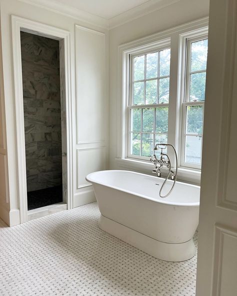 Megan Stokes Home, Colonial Bathroom, Cottage Bath, Renovation Inspiration, Tub Ideas, Primary Bathroom, Fancy Houses, Bathroom Remodel Designs, Main Bathroom