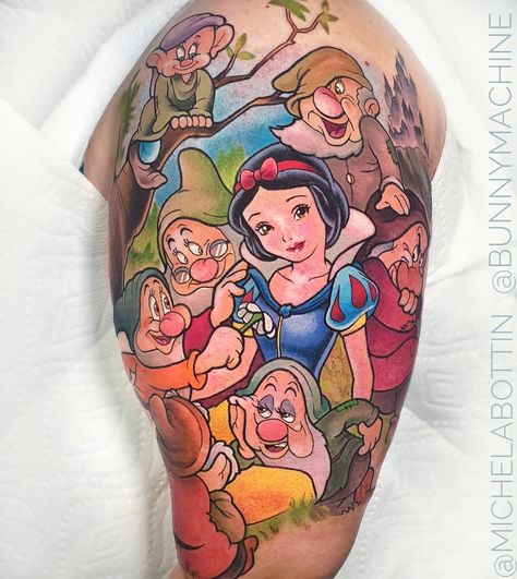 Tattoo Artist @sohoink -NY-🗽 on Instagram: “1 of 3 collaborations with @bunnymachine at @soho.ink #nyc for appointment email appointments@soho.ink 🤩 using @worldfamousink @fkirons…” Seven Dwarfs Tattoo, Pixar Tattoos, Snow White Tattoos, Tattoo Disney, Comic Art Fans, Snow White Seven Dwarfs, Disney Princess Snow White, Man Sketch, Disney Tattoo