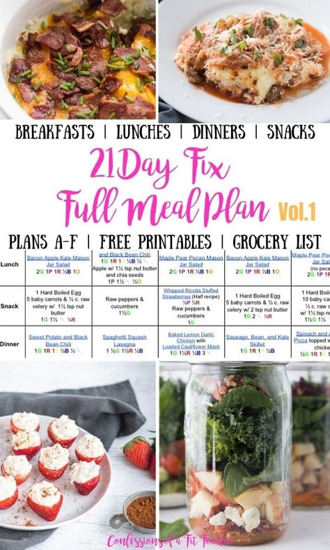 Looking for a 21 Day Fix Meal Plan to take the guesswork out of meal planning?  I've gotcha covered - and this ultimate portion fix meal plan contains super yummy breakfast, lunch, dinner, and snacks, plus FULL printable grocery list and prep tips for your week! Options for with or without Shakeology and all brackets. Awesome for beginners and perfect healthy meals for your whole family. Confessions Of A Fit Foodie, 21 Day Fix Plan, 21 Day Fix Recipes, 21 Day Meal Plan, 21 Day Fix Diet, Salad Kale, 21 Day Fix Meal Plan, Day Meal Plan, Fit Foodie