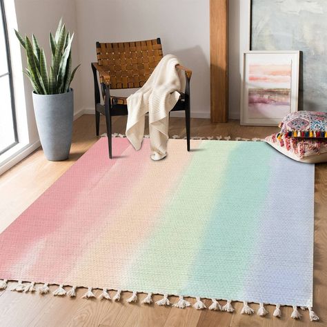 Pastel Rainbow Bedroom, Pastel Rainbow Nursery, Rainbow Room Kids, Rainbow Bedroom, Pastel Home Decor, Home Decor For Living Room, Nursery Rainbow, Rainbow Watercolor, Patio Rug