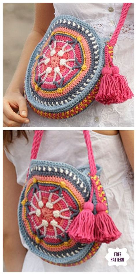 Round Crochet Purse Free Pattern, Crochet Mandala Bag, Bag Free Crochet Pattern, Crochet Scarf Easy, Treasure Bag, Crochet Free Patterns, Crochet Scarf Pattern Free, Bag Pattern Free, Diy Magazine