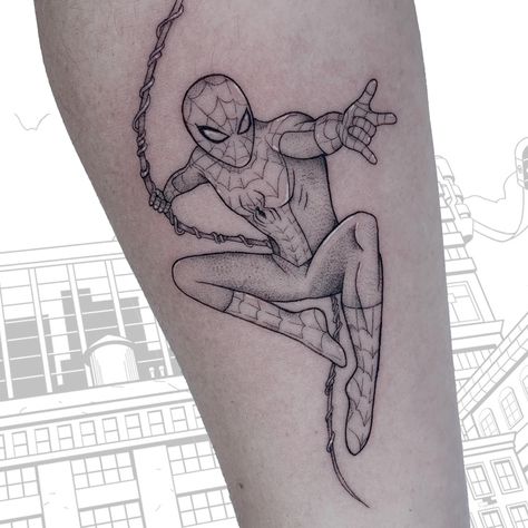 Letting my geek flag fly! My new fine line black and gray Spider-Man tattoo. Fine Line Spider Man Tattoo, Fine Line Spiderman Tattoo, Marvel Tattoos Black And White, Spider Man Tattoo Ideas, Spiderman Tattoo Design, Spiderman Tattoos, Spider Man Tattoo, Iron Man Tattoo, 2023 Tattoo