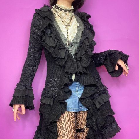 Look what I just found on Depop 🙌 https://depop.app.link/TskvSVVLKlb Witchy Cardigan, Dark Mode, Black Knit Sweater, The 2000s, Fairy Grunge, Lace Ruffle, Knit Sweater Cardigan, Black Knit, Knit Cardigan