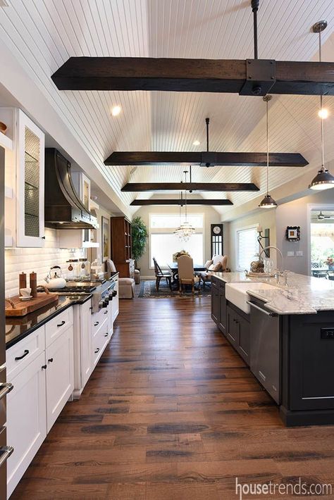 Horizontal beams for bedrooms Hanging Beams Ceiling, Bean Ceiling Wood Beams, Black Ceiling Beams, Barndominium Ceilings, Black Beams, Kitchen Cabinets Open, Paneled Ceiling, Color Kitchen, Pine Valley