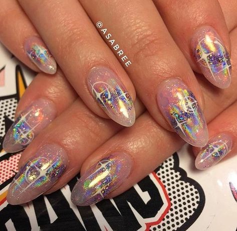 Acrylic Nails Pastel, Sailor Moon Nails, Nail Design Glitter, Galaxy Nail Art, Unghie Nail Art, Moon Nails, Galaxy Nails, Nail Swag, Holographic Nails