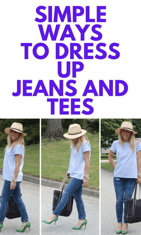 Simple Ways to Dress Up Jeans and Tees - Looking for some simple ways to dress up tees and jeans? Here are some quick and easy style tips. How To Dress Up Jeans And Tshirt, Styling Jeans And Tshirt, Tshirt Jeans Cardigan Outfit, Button-up Jeans For Everyday, Chic Button-up Jeans For Everyday, T Shirt And Jeans Outfit, How To Wear Regular Jeans While Pregnant, Jeans And T Shirt Outfit, Only Jeans