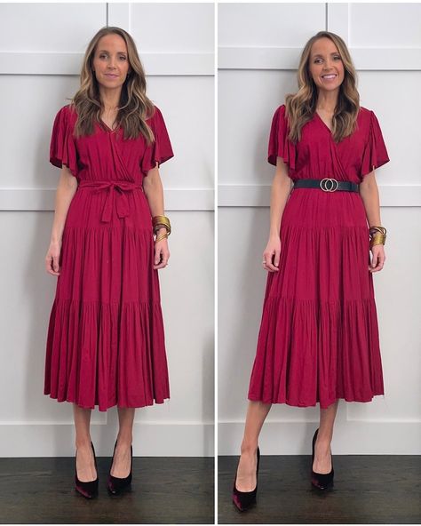 When to Belt a Dress - Merrick's Art Long Dresses Office Wear, Belted Dress Outfit Summer, How To Style A Dress With A Belt, Belt On Dress Outfit, Belting A Dress, Belt For Dress Ideas, Belts For Dresses Ideas Outfit, How To Belt A Dress, Dress With Belt Outfit