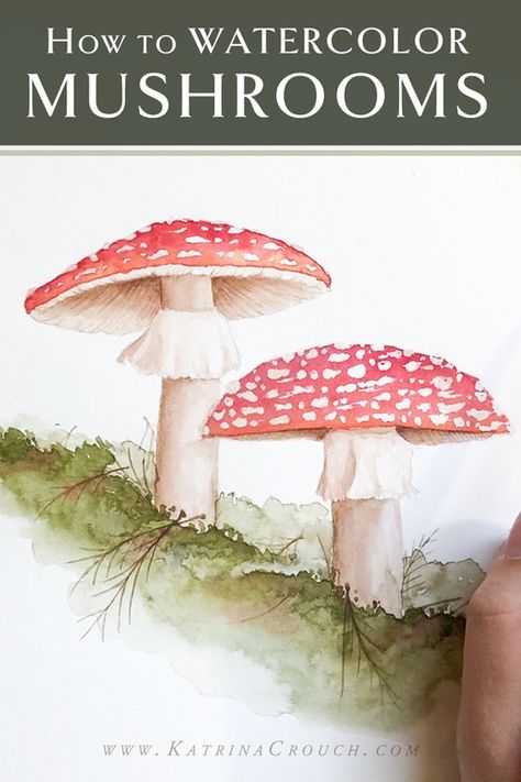 Easy Watercolor Mushroom Painting Tutorial — Katrina Crouch | Blushed Design Mushroom Watercolor, Watercolor Mushroom, Mushroom Paint, Watercolor Video, Watercolor Fruit, Gold Leaf Art, Easy Canvas Painting, Gold Leaf Painting, Fall Watercolor