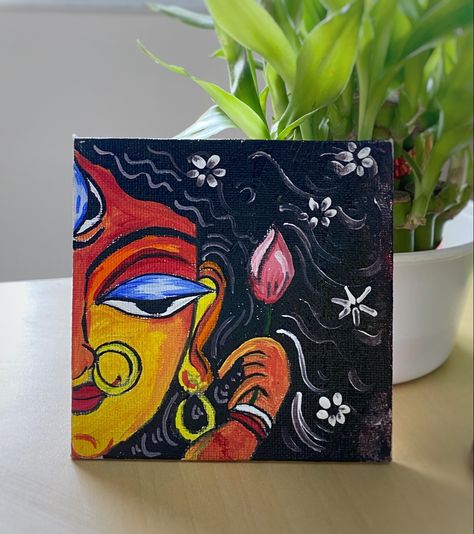 Durga Painting Canvases, Desi Art, Abstract Pencil Drawings, Durga Painting, Boho Art Drawings, Indian Art Gallery, Small Canvas Paintings, Painting Canvases, Simple Canvas Paintings