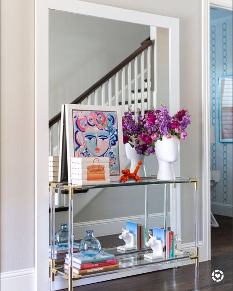 Entryway Table Styling, Small Entryway Bench, Small Entryway Ideas, Modern Tudor, Large Floor Mirror, Entry Console, Emily Henderson Design, Moore House, Personalized Wallpaper