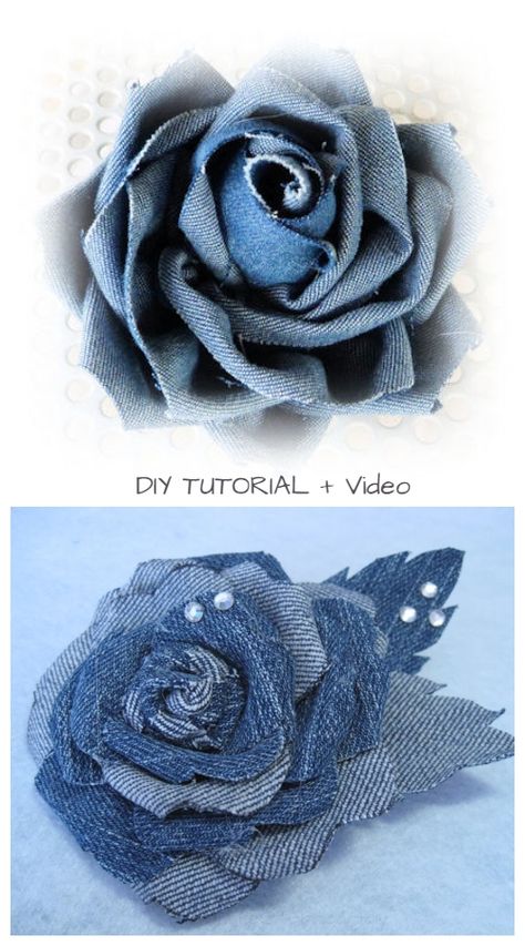 DIY Recycled Denim Jean Rose Flowers Free Sewing Pattern + Video Tutorial Diy Denim Flowers, Jean Flowers, Återvinna Jeans, Upcycled Denim Diy, Diy Jeans Crafts, Blue Jean Crafts, Denim Recycling, Repurposed Jeans, Jean Projects