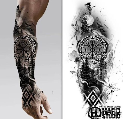 Viking Tattoos For Men, Rabe Tattoo, Viking Warrior Tattoos, Norse Mythology Tattoo, Valkyrie Tattoo, Scandinavian Tattoo, Viking Tattoo Symbol, Viking Tattoo Sleeve, Fenrir Wolf