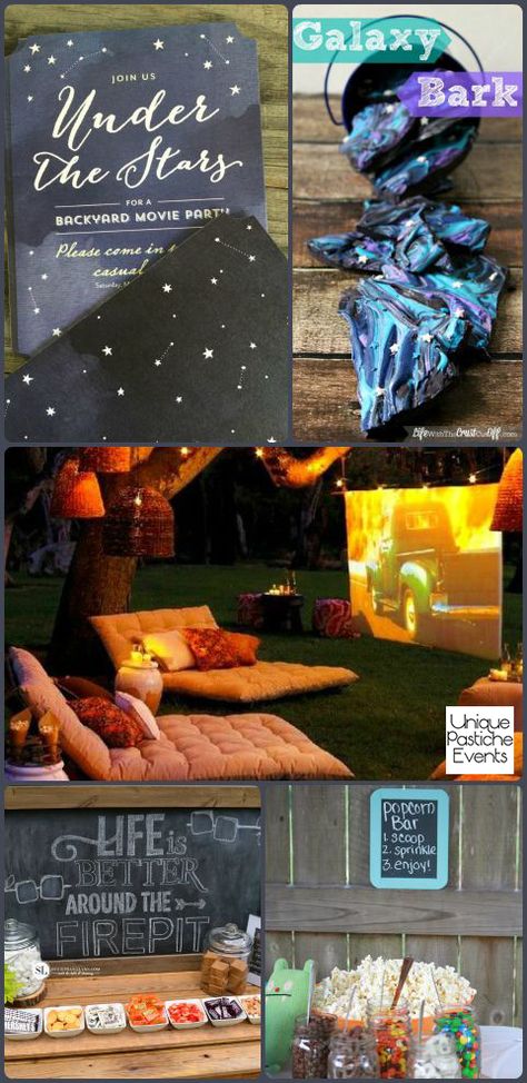 Under the Stars – Backyard Movie Party Ideas Stargazing Party Ideas, Constellation Party, Stargazing Party, Movie Party Ideas, Camping Inside, Movie Party Decorations, Party Under The Stars, Outdoor Movie Party, Backyard Movie Party