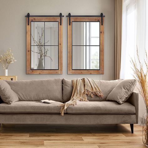 20 Best Mirrors That Look Like Windows (2022) and Buying Guide Wall Behind Couch Decor, Behind Couch Decor, Decor Over Couch, Couch Wall Decor, Modern Farmhouse Wall Decor, Couch Decor, Living Room Partition, Modern Farmhouse Living Room, Accent Mirror