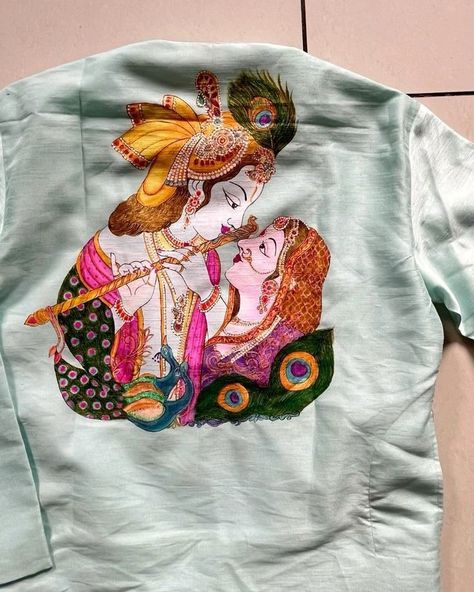 Radha Krishna paintings on dupatta, kurta, blouse back, babyshower outfits . . . #radhakrishnapainting Radha Krishna Fabric Painting, Krishna Fabric Painting, Radha Krishna Paintings, Radha Krishna Painting, Fabric Painting On Clothes, Mens Kurta, Blouse Back, Krishna Radha Painting, Madhubani Painting