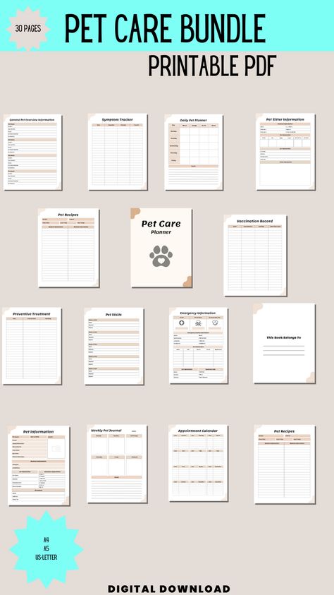 Record Printable, Pet Care Planner, Pet Care Printables, Pet Health Record, Medical Planner, Pet Planner, Dog Bedroom, Health Record, Symptom Tracker