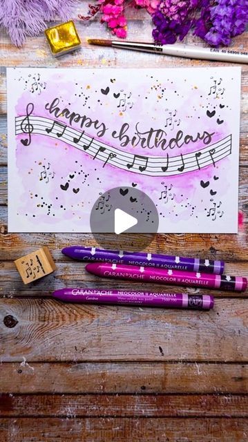 Fantasy Notes, Happy Birthday Music Notes, Happy Birthday Watercolor Card, Stencil Making, Musical Greeting Cards, Neocolor Ii, Free Happy Birthday Cards, Happy Birthday Music, Music Drawings