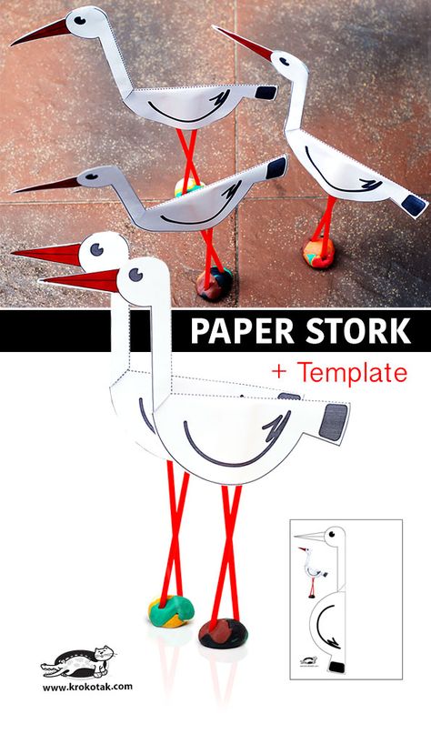 Paper stork + template  This could be adapted rather modestly  to make Black-necked Stilts! Children Activities, Folding Origami, Origami 3d, Paper Birds, Bird Crafts, Childrens Crafts, Animal Crafts, Paper Toys, Craft Activities For Kids