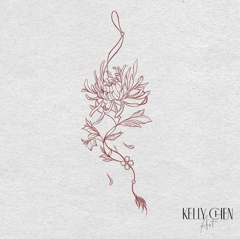 Korean Tattoos Designs, Chrysanthemums Flower Tattoo, Chinese Floral Tattoo, Chrysanthemum Tattoo Minimalist, Chrysanthemum Line Tattoo, Apricot Blossom Tattoo, Red Chrysanthemum Tattoo, Chrysanthemum Tattoo Design, Kelly Chen