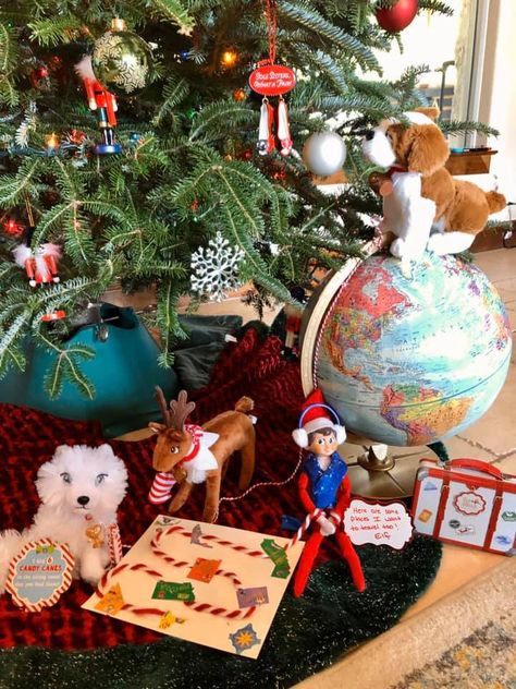 Elf on  the Shelf traving around the world! Globe, suitcase & travel map Elf On The Shelf Suitcase, Suitcase Travel, World Globe, Travel Map, Travel Maps, On The Shelf, Elf On The Shelf, Elf, Globe