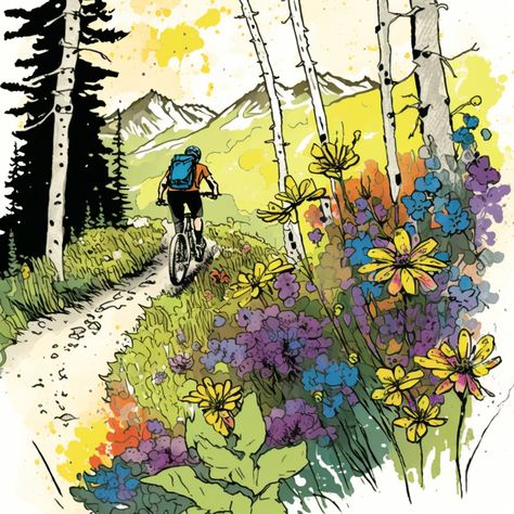 Mountain Biking Painting, Mountain Bike Watercolor, Mtb Tattoo, Mountain Biking Art, Watercolor Bike, Bike Painting, Mountain Bike Art, Inktober 2023, Bike Drawing