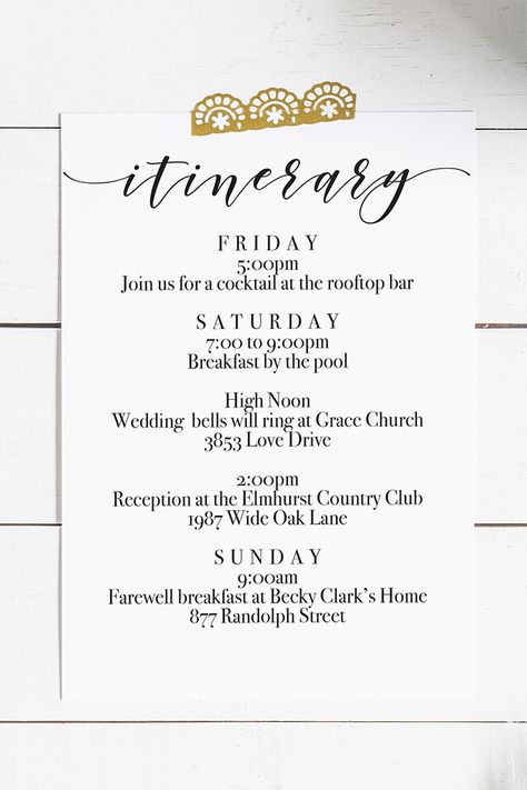 Printable wedding weekend itinerary for your hotel welcome bags you can download for free. Super easy DIY. #freeprintable #wedding #welcomebags Wedding Hospitality Bags Welcome Gifts, Wedding Weekend Itinerary For Guests, Wedding Hotel Welcome Bags Ideas, Wedding Welcome Party Ideas, Wedding Itinerary For Guests, Saguaro Wedding, Welcome Party Wedding, Itinerary Template Free, Wedding Hotel Bags