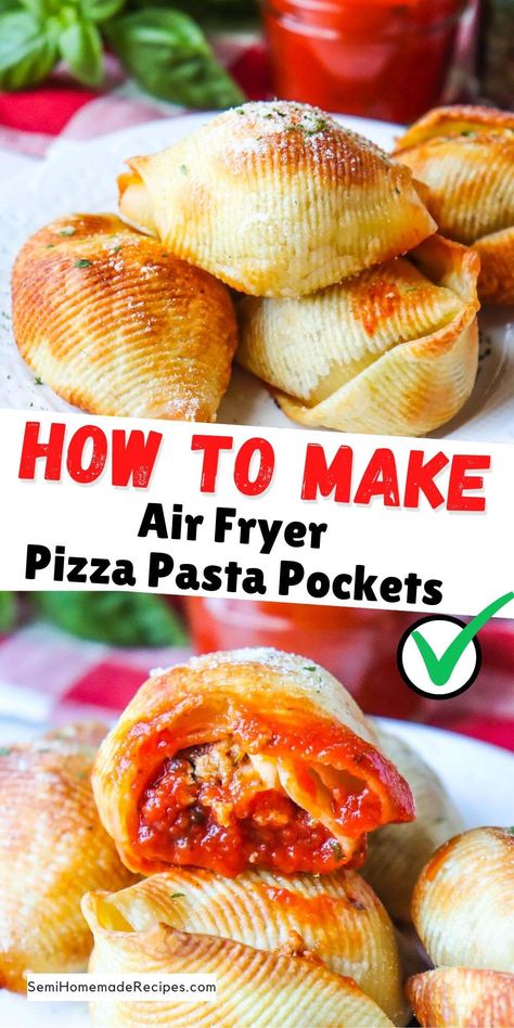 Air Fryer Pizza Pasta Pockets - Crispy Shells stuffed with ground beef or ground turkey, pizza sauce and fresh mozzarella pearls! Top these Pizza pockets with parmesan cheese and parsley before dunking them into pizza sauce for a great appetizer, dinner or snack! Ground Turkey Pizza, Jumbo Shell Recipes, Turkey Pizza, Appetizer Dinner, Pockets Recipe, Shells Stuffed, Air Fryer Pizza, Fried Pasta, Shell Pasta Recipes