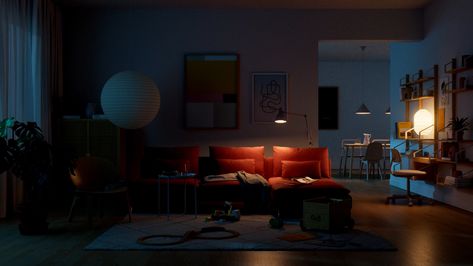 Golden Hour Living Room, Living Room Cinematography, Perspective Room, Film Projection, Night Film, Comfy Living Room, Abstract Graphic Design, Cinematic Lighting, Night Scene