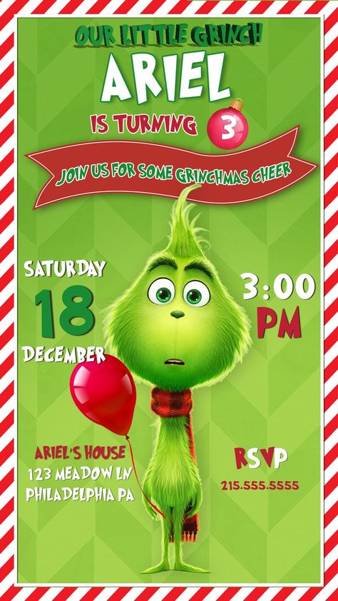 Grinch Birthday, Bday Party Invitations, Baby Grinch, Boss Birthday, Grinch Party, Gender Reveal Invitations, Digital Invite, 1st Birthday Invitations, Grinch Christmas