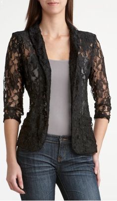 Chaqueta Lace Blazer Jacket, Dress Up Jeans, Lace Blazer, Lace Jacket, Over 50 Womens Fashion, Blouse Designs, Work Outfit, Black Lace, Farmer