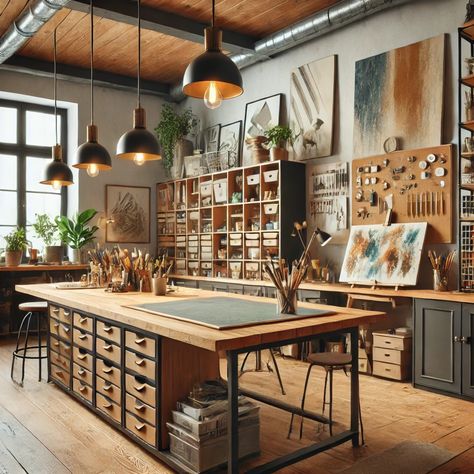 Loft Art Studio Small Spaces, Artists Studios Workspaces, Artist Studios Workspaces, Art Supply Store Interior, Interior Design Art Studio, Art Room And Office, Art Studio Warehouse, Art Studio In Garage, Sewing Studio Design