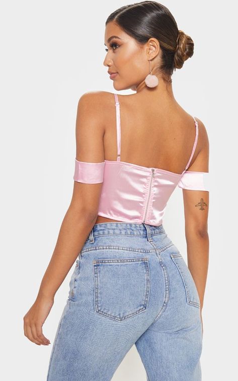 Pink Satin Ruched Bust Off the Shoulder Corset Fluffy Heels, Cold Shoulder Crop Top, Ankle Bones, Satin Material, Pink Satin, Corset Top, Off The Shoulder, Camisole Top, Satin