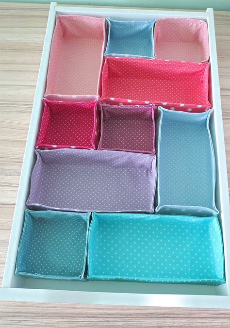 DIY Fabric Organizers for drawers Sew Drawer Organizer, Storage Box Sewing Pattern, Diy Fabric Storage Boxes, Drawer Organizers Diy, Fabric Drawer Organizer, Fabric Boxes Tutorial, Sock Drawer Organization, Diy Drawer Organizer, Fabric Basket Tutorial