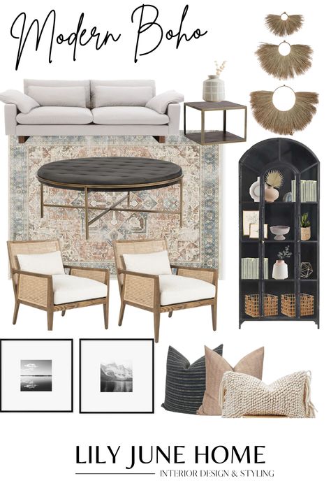 A warm and inviting living room with a modern boho touch is my latest design. I am in love with how this design came together. All details are on my blog. #Livingroom #livingroominspo #livingroomideas #modernboho #blackcabinet #canechairs Boho Formal Living Room Ideas, Boho Large Living Room, Modern Boho Decor Ideas Living Room, Modern Boho Luxe Living Room, Boho Formal Living Room, Modern Transitional Decor Living Room, Boho Natural Living Room, Modern Boho Living Room Inspiration, Boho Traditional Living Room