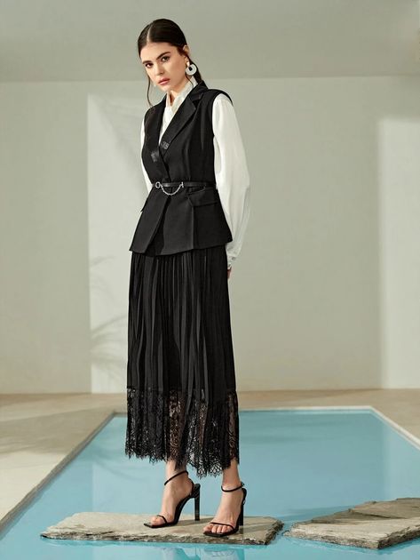 Lapel Collar Belted Waistcoat With Contrast Lace Pleated Skirt Without Blouse | SHEIN USA Waistcoat With Skirt, Waistcoat And Skirt, Neutral Wardrobe, Winter Ball, Maxi Skirt Outfits, Winter Formal, Midi Skirts, Lapel Collar, Skirt Outfits