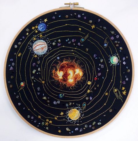 Colorful Embroidery Designs Capture the Beauty of Our Solar System Embroidery With Black Background, Black Background Embroidery, Embroidery Universe, Planets Embroidery, Universe Embroidery, Galaxy Embroidery, Sun Embroidery, Embroidery On Black, Planetary System