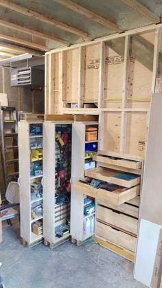 Garage Drawers, Garage Cabinetry, Garage Kasten, Vertical Drawer, Garage Hanging Storage, Easy Garage Storage, Workbench Storage, Garage Workshop Layout, Basement Workshop