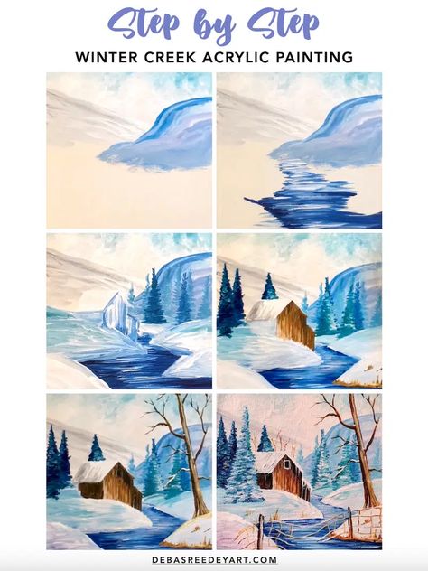 Winter Creek Acrylic Painting - with Cabin - Step By Step For Beginners Paint Winter Scenes, January Painting Ideas For Kids, How To Paint Winter Scene Step By Step, Easy Winter Scenes To Paint, Winter Paintings On Canvas Acrylics Easy, Winter Acrylic Paintings Step By Step, Acrylic Winter Scene Paintings, Winter Paintings Easy, January Painting Ideas