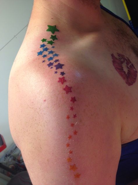 Rainbow star trail Coloured Star Tattoo, Pop Art Tattoos, Rainbow Tattoos, Infinity Tattoos, Rainbow Star, Watercolor Rainbow, Star Tattoos, Foot Tattoos, Colour Star