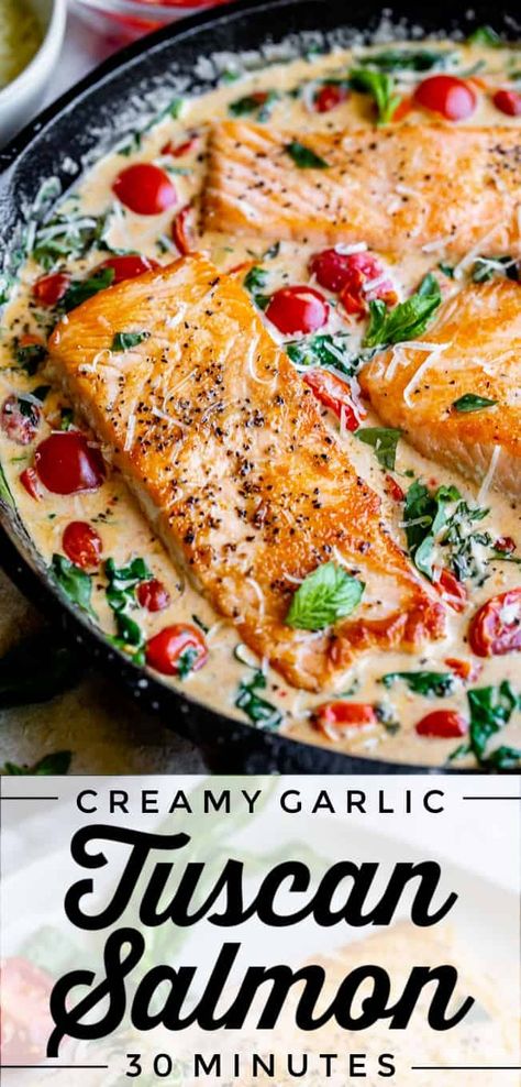 Creamy Tuscan Salmon, Tuscan Salmon Recipe, Tuscan Salmon, Salmon Recipes Pan Seared, Salmon Spinach, Garlic Salmon, 30 Minute Dinners, Healthy Salmon Recipes, Food Charlatan