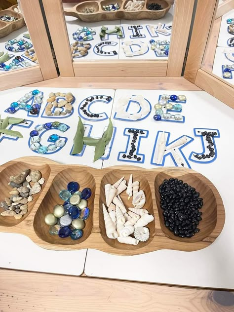 Literacy Provocations Kindergarten, Reggio Alphabet Display, Literacy Provocations Preschool, Reggio Literacy Provocations, Alphabet Provocations, Literacy Provocations, Reggio Literacy, Reggio Inspired Preschool, Natural Loose Parts