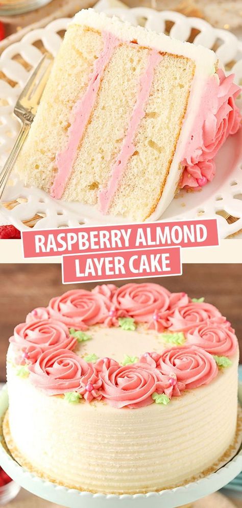 This Raspberry Almond Layer Cake has three layers of moist, fluffy almond cake filled with fresh raspberry frosting! It’s such a pretty cake and it tastes even better than it looks! Almond Layer Cake, Cake Almond, Raspberry Frosting, Decorating Frosting, Pretty Cake, Raspberry Almond, Almond Cake, Cake Fillings, Köstliche Desserts