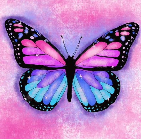 Colourful Butterfly Painting, Pink Purple Blue Butterfly Tattoo, Pink Blue Butterfly, Purple And Blue Butterfly, Colour Butterfly, Butterfly Colorful, Colourful Butterfly, Purple Illustration Art, Crystal Butterfly