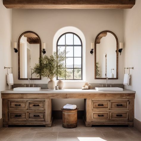 Double Vanity Mirror Ideas [September 2023] - Our Guide to the Perfect Vanity Mirror Mirrors For Double Vanity Master Bath, Triple Mirror Vanity, Farmhouse Double Sink Vanity, Double Sink Restroom Ideas, Boho Double Vanity, Master Bathrooms With Separate Vanities, One Sink Two Mirrors Bathroom, Large Vanity Ideas, Master Restroom Ideas Double Sinks