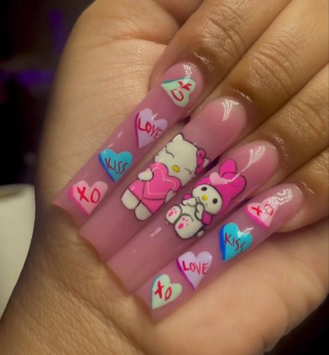 Hello Kitty Valentines Day Nails, Hello Kitty Valentines, Hello Kitty Nail, Hello Kitty Nails Art, Kitty Nail, Vday Nails, Acrylic Nail Set, Long Acrylic Nail Designs, Nail Drawing