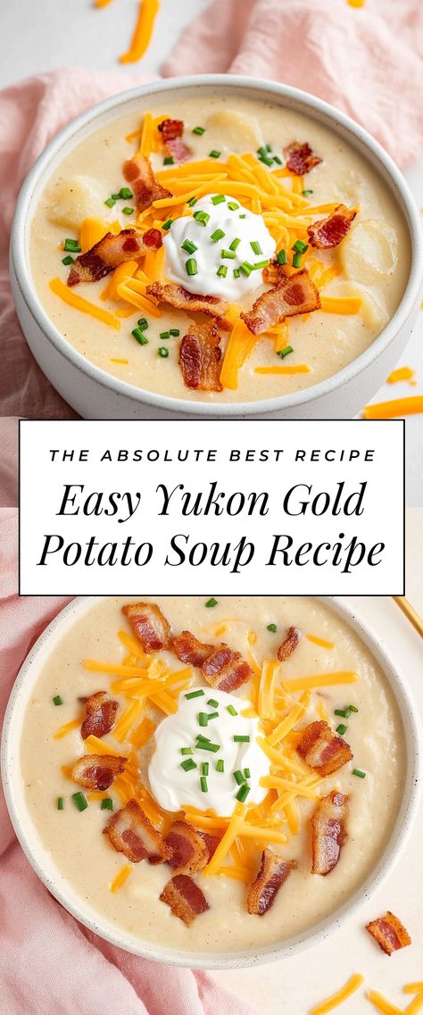 Image for Easy Yukon Gold Potato Soup Recipe Yellow Potato Soup Recipe, Potato Soup Gold Potatoes, Yukon Gold Potato Soup Recipe, Gluten Free Cheesy Potato Soup, Potato Soup With Golden Potatoes, Potato Soup With Yukon Gold Potatoes, Golden Potato Soup Recipes, Easy Cream Of Potato Soup, Potato Garlic Soup